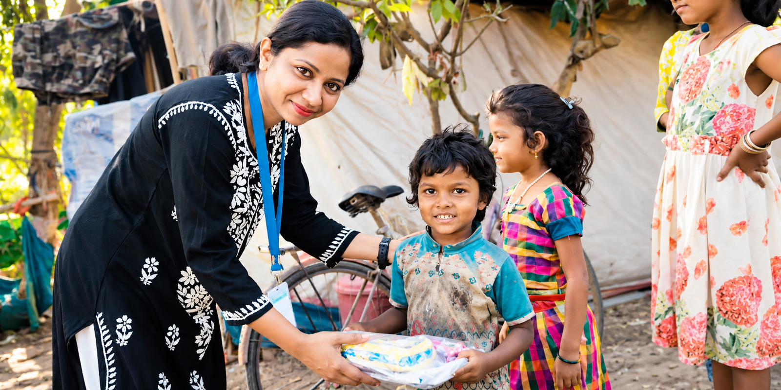 AdiSamarth Foundation volunteer sharing educational supplies with children in Virar, Mumbai
