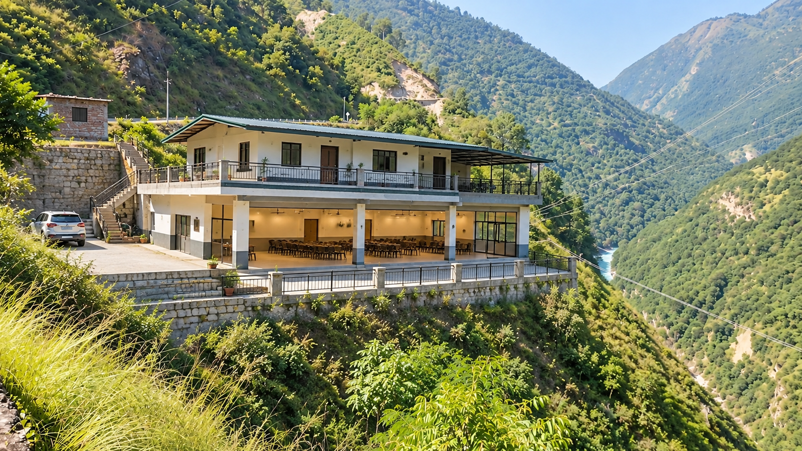 AI-generated concept of a proposed community and worship hall in the mountains of Uttarakhand